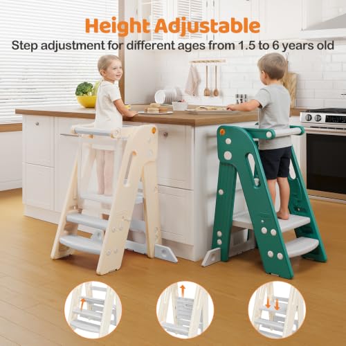 Onasti Foldable Toddler Kitchen Helper Tower - Adjustable Height Safety Stool, Gray