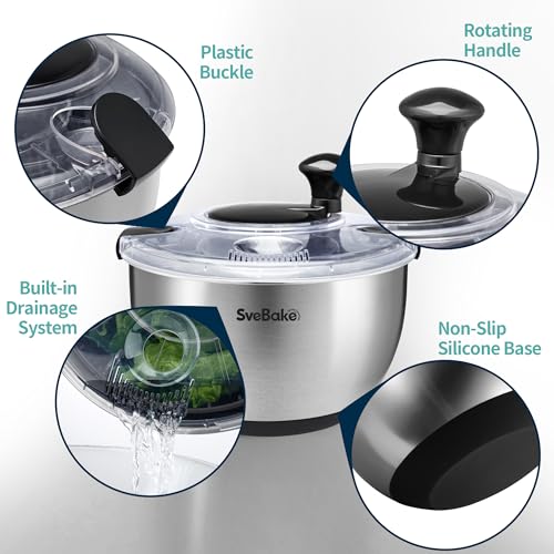 SveBake Stainless Steel Salad Spinner with Transparent Lid – Quick Dry Vegetables & Greens