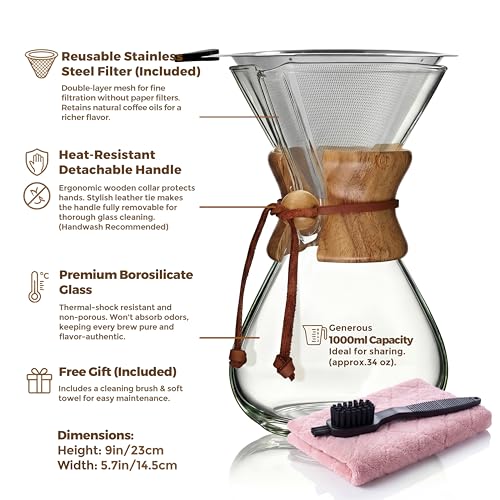 AGOGO Classic Pour Over Coffee Maker Set 34oz with 304 Stainless Steel Filter