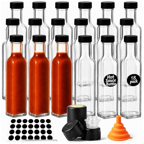 Clear 18-Pack Glass Hot Sauce Bottles 8.5oz Square Food Storage with Lids