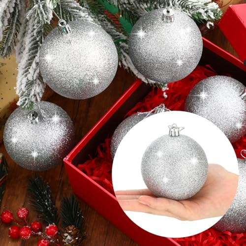 Zubebe 12Pcs Silver Glitter Christmas Ball Ornaments - 3.15in Large Snowball Decor