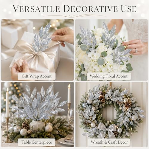 Rainflow Silver Glitter Artificial Leaf Picks 30PCS for Holiday Decor