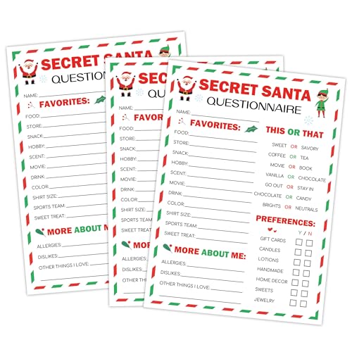 Secret Santa Questionnaire Cards – 25 Favorite Things, 5x7 in– URMISU Santa Claus and Elves Version
