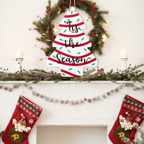 Christmas Tree Wooden Door Sign - Festive Holiday Wall Plaque with Hanging Rope