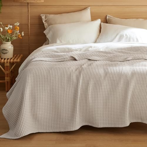 Bedsure 100% Cotton Waffle Blanket King Linen - Breathable All-Season Comfort