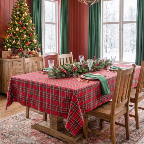 LOSIVISHE Christmas Plaid 144" x 60" Waterproof Tablecloth - Red Check Holiday Table Cover