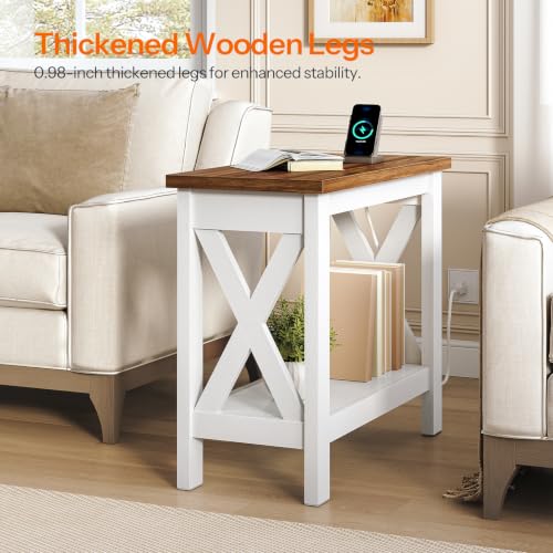 Narrow End Table with Charging Station - Farmhouse Side Table with Storage Shelves