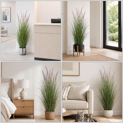 Crasraye 4FT Artificial Cattail Tall Grass Plant 2 Pack, Purple & Green Faux Reed Grass Decor