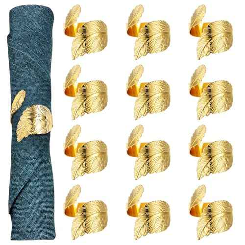 Gold Napkin Rings Set of 12,Shiny Metal Table Decor,Study Leaf Gold Napkin Holder Rings,Stylish Fall Napkin Rings Bulk for Table Settings Party Wedding Valentine Christmas