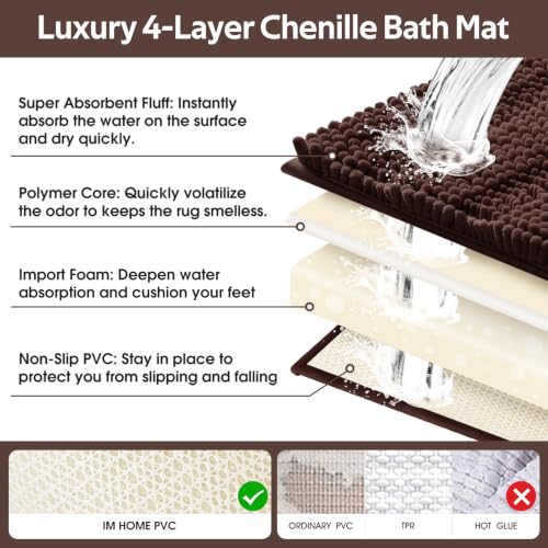 ACCUMTEK Brown Striped Bathroom Rug Set 3 Pieces - Ultra Soft Non-Slip Chenille Mats, U-Shape Contour & Small Bath Rugs, 2'8"x1'8"+2'x1'5"