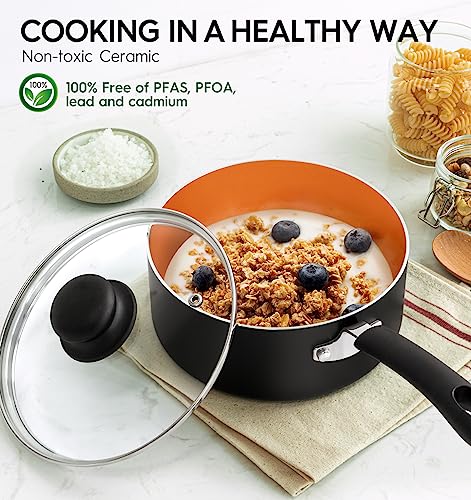 Michelangelo Copper Nonstick Saucepan Set 1QT, 2QT, 3QT with Lid - Compatible with Induction