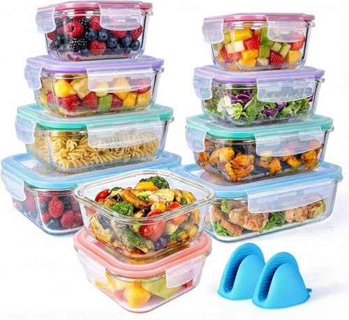 20-Piece Glass Food Storage Containers Set with Leakproof Lids & Oven Gloves