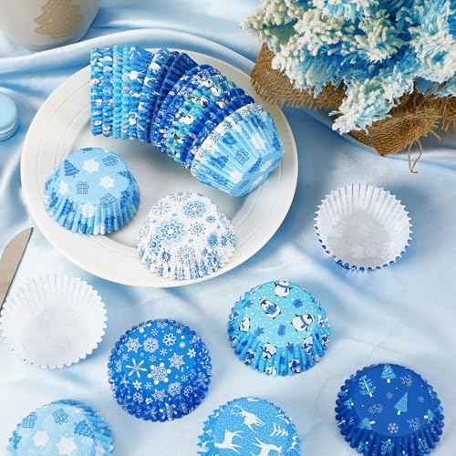 SANNIX 450pcs Winter Christmas Cupcake Liners Santa Snowflakes Cupcake Wrappers Baking Cups Paper Wraps Muffin Liners for Xmas Winter Birthday Party Candy Cake Decorations Supplies(9 Designs)