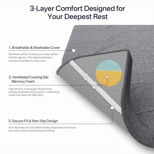 Queen Size 3-Inch Cooling Memory Foam Mattress Topper with Non-Slip Straps - Targeted Back Pain Relief