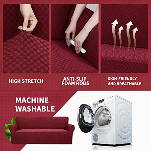 YEMYHOM 31-46" Jacquard Couch Cover - Wine Red, Elastic Slipcover for Sofa/Armchair, Anti-Slip Protector