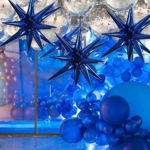 TONIFUL 4 Pcs 22inch 4D Navy Blue Explosion Star Mylar Balloons 14Point Star Balloons for Party Backdrop Christmas,New Year Birthday, Wedding Baby Shower Anniversary Photo Booth Supplies