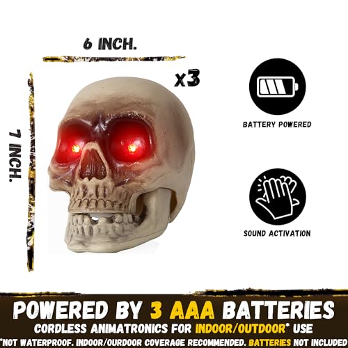 Hanging Skull Animatronics - Scary Floating Skeleton with Sound & Light-Up Eyes - Halloween Decor (3 Pack)