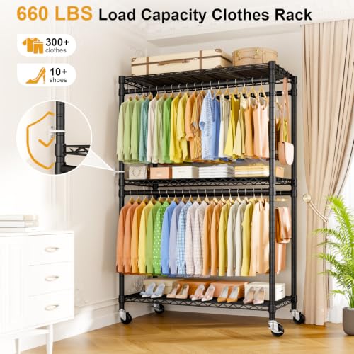 ULIFHOME Rolling Clothes Rack with Double Rod, Adjustable Shelves & Lockable Wheels - Black / P5 Plus