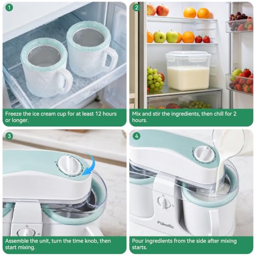 Pukomc Swirl Ice Cream Maker Machine with 2 Freezer Cups - White Green, 0.9 Quarts