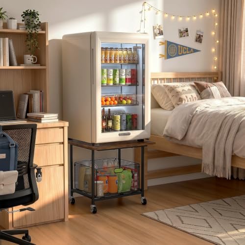 Mini Fridge Stand Cart with Storage Wire Basket - Supports 300 lbs, Mobile & Durable