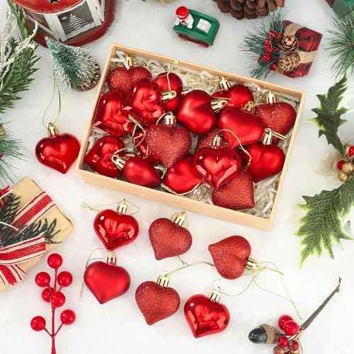 24 PCS Heart Shaped Ornament for Christmas Tree Red Heart Hanging Ornament Multi Finish Hearts Plastic Baubles Xmas Tree Hanging Decoration for Valentines Anniversary Party Decor