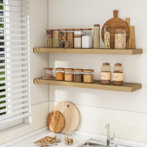 Oak Floating Wall Shelves Set of 2 - 47.2 Inch Rustic Modern Storage