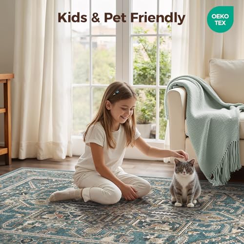 Washable Living Room Area Rug 8x10 Vintage Teal Brown Non-Slip Floor Mat