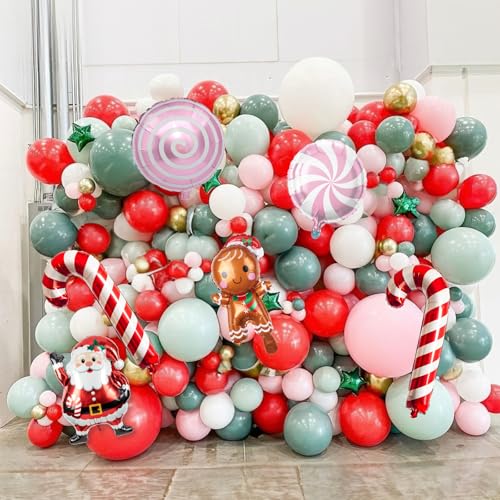 Togvu Christmas Balloon Garland Kit - Red Pink Green Candy Cane Foil Balloons, 128 Latex Balloons & 6 Foil Balloons