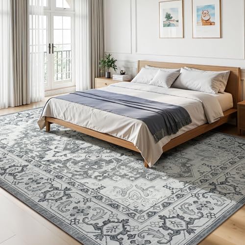 Grey Beige 9x12 Area Rug - Large Machine Washable Vintage Floral Carpet for Living Room