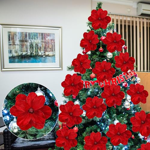 Sggvecsy 10Pcs Red Christmas Glitter Magnolia Flower Ornaments Artificial Poinsettia for Holiday Decor