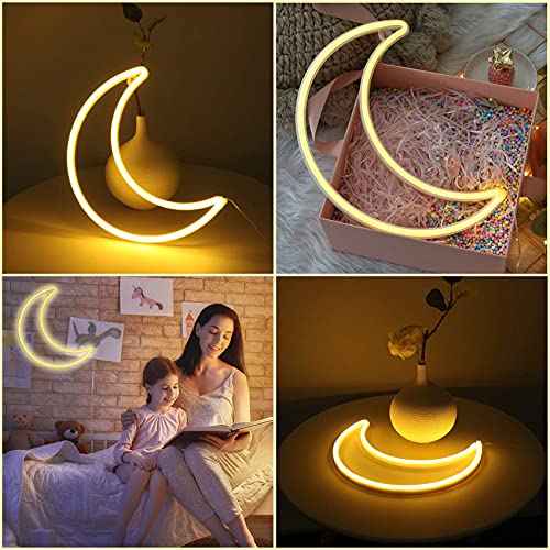 LED Warm White Moon Neon Light, Cute Neon Moon Sign,Christmas Room Decor Battery or USB Powered 5V Art LED Decorative Lights Night Lights Indoor for Home, Bedroom, Office,Dorm,Party (Warm White Moon)