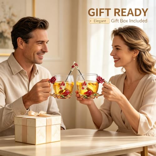 FDINF Red Butterfly Rose Glass Tea Cup with Spoon – Gift Gift Box