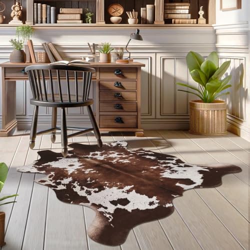 Faux Cowhide Cow Print Rug, Animal Hide Western Decor, 4.6 x 5.2 Feet