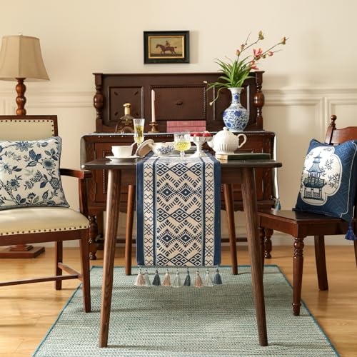 Suqingb 12"x87" Chinoiserie Blue Stripe Table Runner Linen-Polyester