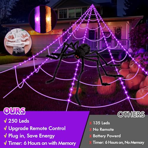 OCATO 200in Halloween Spider Web Lights with 59in Fake Spider, Purple Outdoor Decor