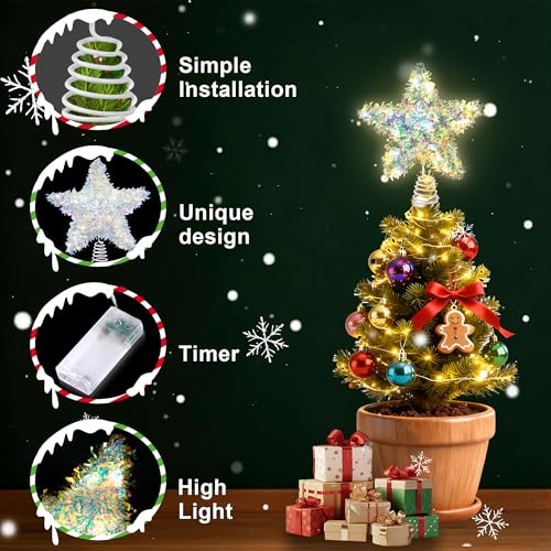 Iridescent Christmas Tree Topper Star - 6 Inch Shiny Holiday Decor with Timer & Warm Lights