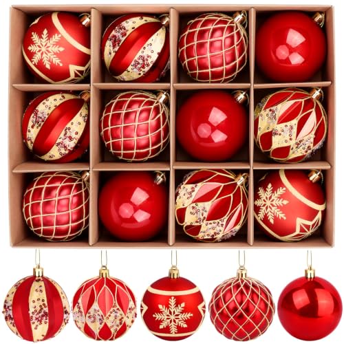EverMerry Red & Gold Christmas Ornaments Set 12-Pack - 3.1 Inch Holiday Balls with Variety
