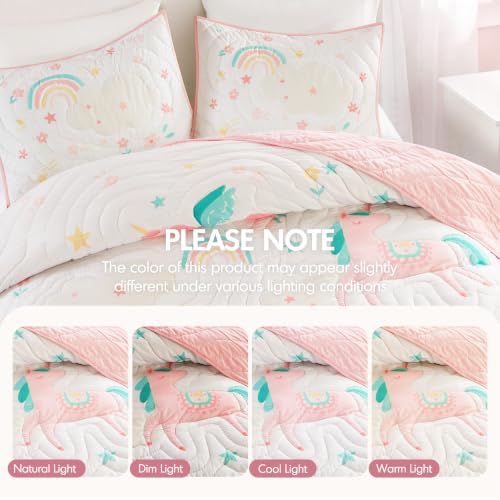 Kids Unicorn Pink Quilt Set 3pc Full/Queen Girls Bedding with Whimsical Tassels
