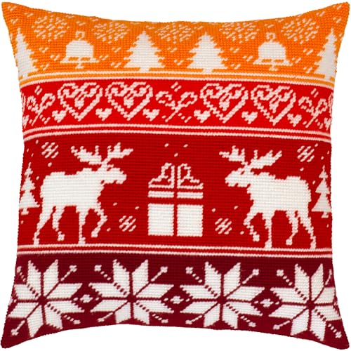 Brvsk Orange Festive Embroidery Kit for Beginners - 16x16in Nordic Moose Design on Cotton Canvas