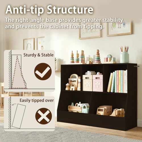 DINZI LVJ 2-Tier Toy Storage Organizer with Bookshelf, 43.3" Espresso Kids Cubby Cabinet