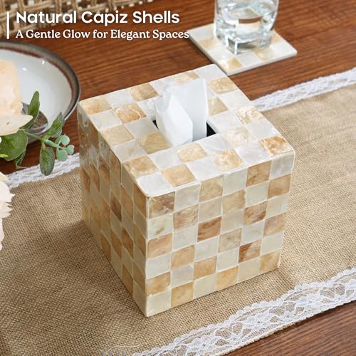 Square Ivory Capiz Shell Tissue Box Cover - Handcrafted Coastal Decor