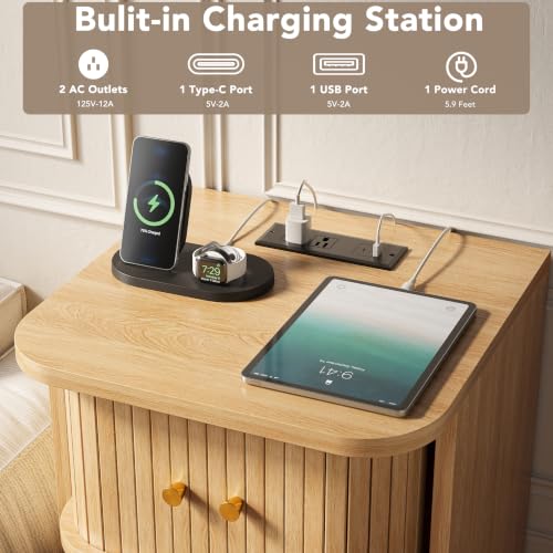 Oak Mid Century Modern Nightstand Set of 2 with Charging Station