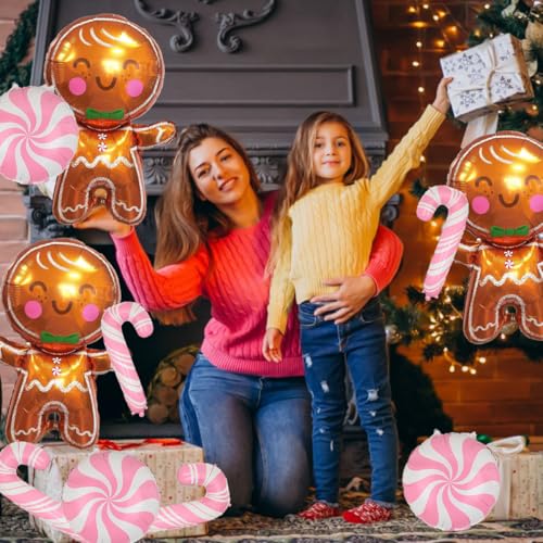 Pink 32in Gingerbread & Candy Cane Foil Balloons Party Decorations (Set of 9) - Wclliuchi