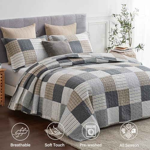 Finlonte Queen Size Cotton Quilt Set 90x98 Reversible Farmhouse Bedding Gray