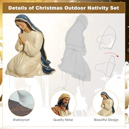 Outdoor Metal Nativity Scene Set - 48.9" Holy Family Christmas Yard Decoration - Retro Style