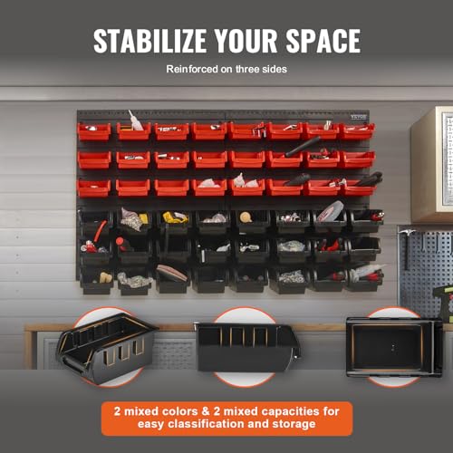 48-Bin Wall Mounted Storage Organizer for Garage and Workshop - Stackable Parts Rack