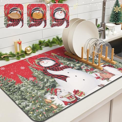 Findosom Red Snowman Christmas Dish Drying Mat 16x24 Inches - Holiday Kitchen Decor
