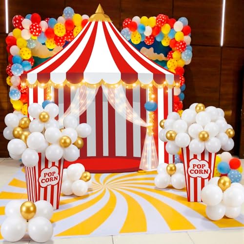 Carnival Party Decorations Set - Red White Circus Tent Backdrop & Balloons