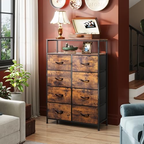 WLIVE Rustic Brown Fabric Dresser with 8 Drawers & Open Shelves - Stable Storage