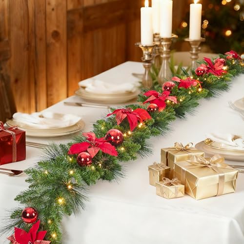 Garvee 9 ft Red Pre-Lit Christmas Garland with LED Lights - Indoor/Outdoor Cypress Leaves & Flower Accents